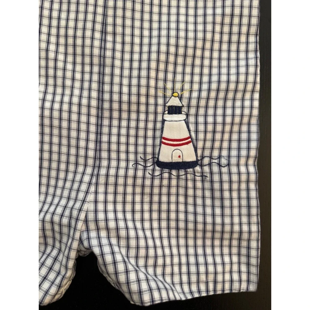 Boys Embroidered Lighthouse Romper Size 24 Mths Blue/White Lined Check One-Piece